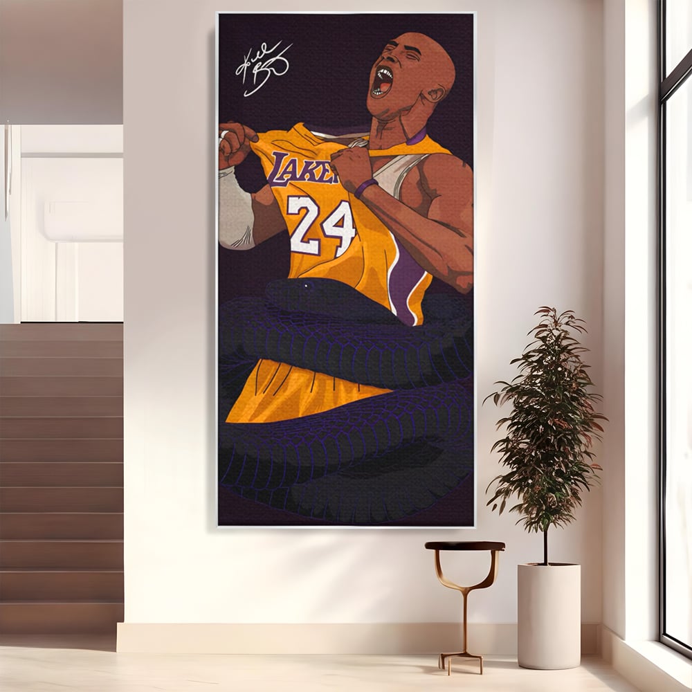 Tablou canvas cu ilustratie digitala portret kobe bryant, in rama de aluminiu argintiu
